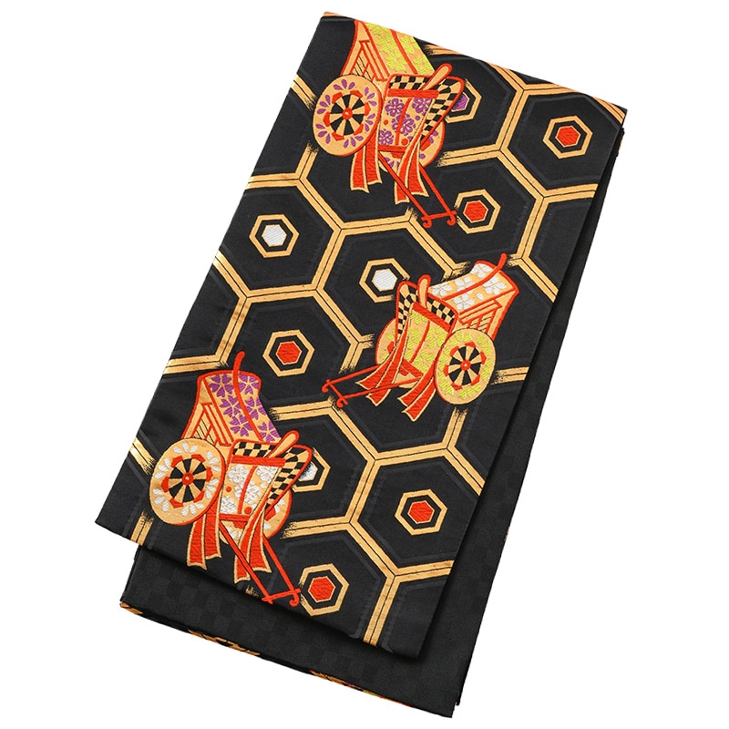 ジュニア帯 正絹 黒 御所車に亀甲 少々難あり