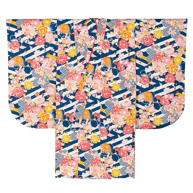 ジュニア女の子着物 小紋 紺・白 桜と牡丹 ショート丈 13才 中国製