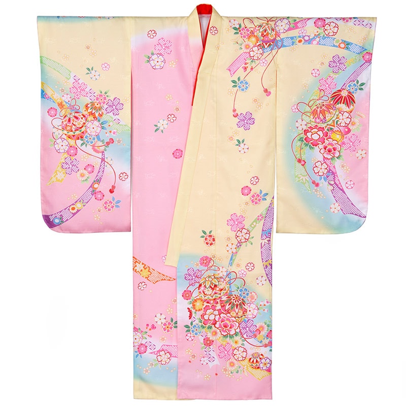 女の子七才着物 ポリ 絵羽 クリームピンクぼかし 鞠にのし 中国製