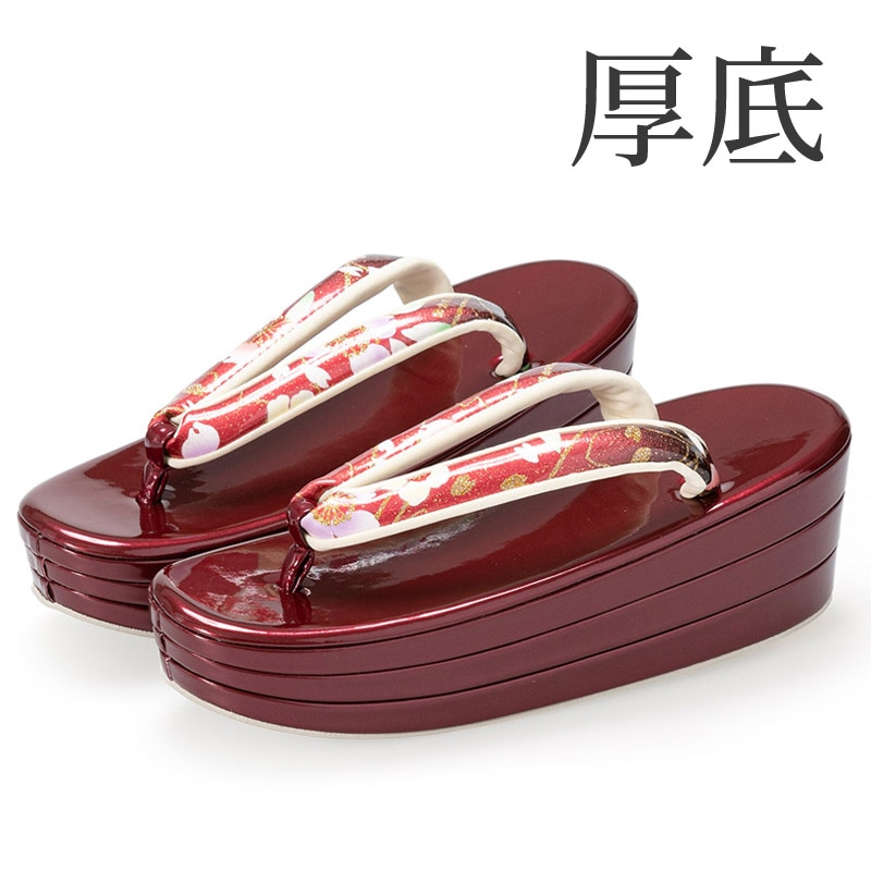 草履単品 エンジ/黒 花吹雪 厚底 中国製