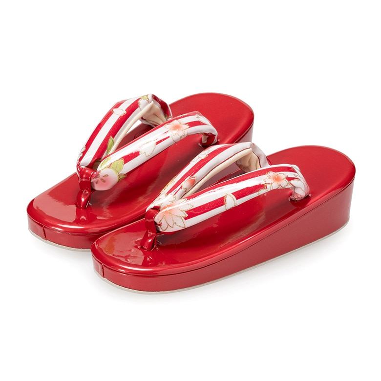 女の子草履 赤 赤白縞 花ろまん 中国製