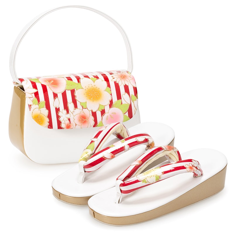 女の子草履バッグセット 白/金 赤白縞 花ろまん 21cm（7才向）中国製  