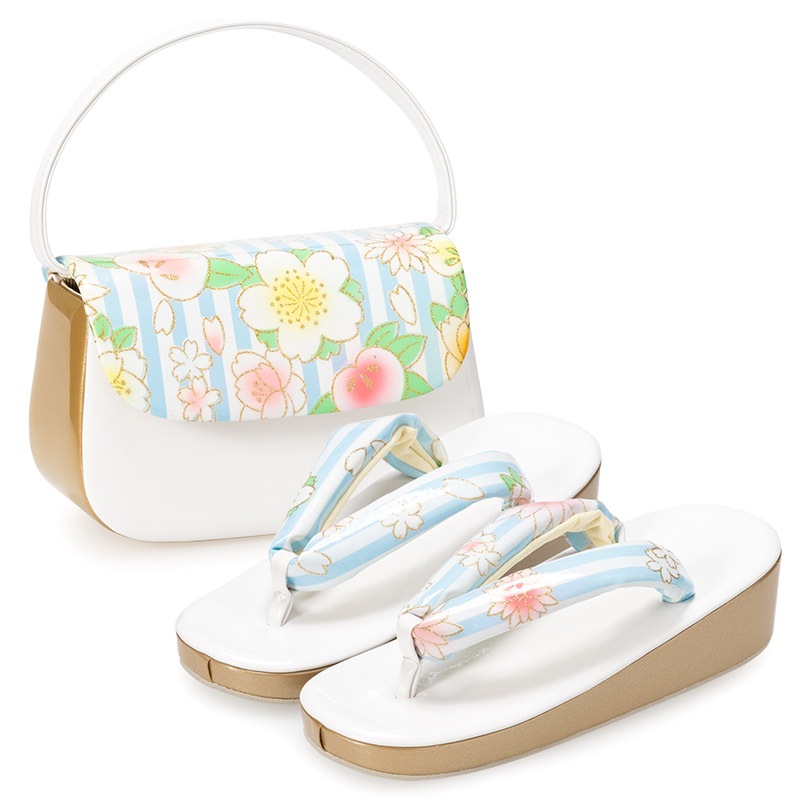 女の子草履バッグセット 白/金 水色白縞 花ろまん 21cm（7才向）中国製  