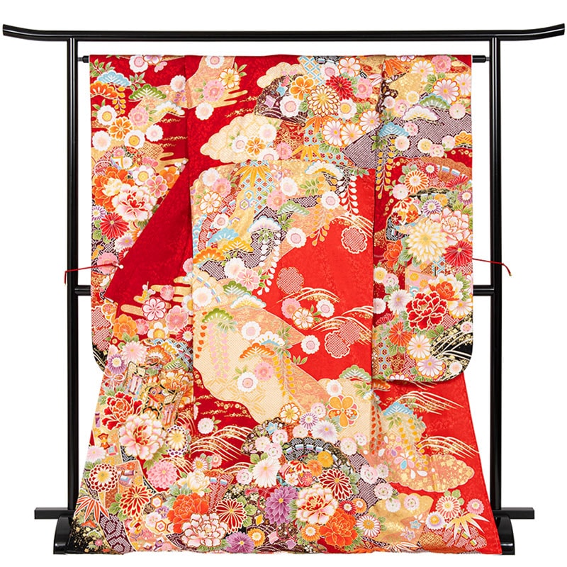 振袖 正絹 赤 芍薬と御所車 裄180 袖丈285