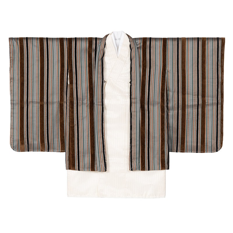 男の子着物羽織 グレー茶縞・オフ白 3-5才 中国製