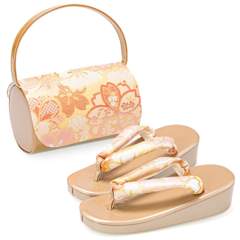 女の子草履バッグセット 織生地 金/ピンク B 21cm（7才向） 中国製