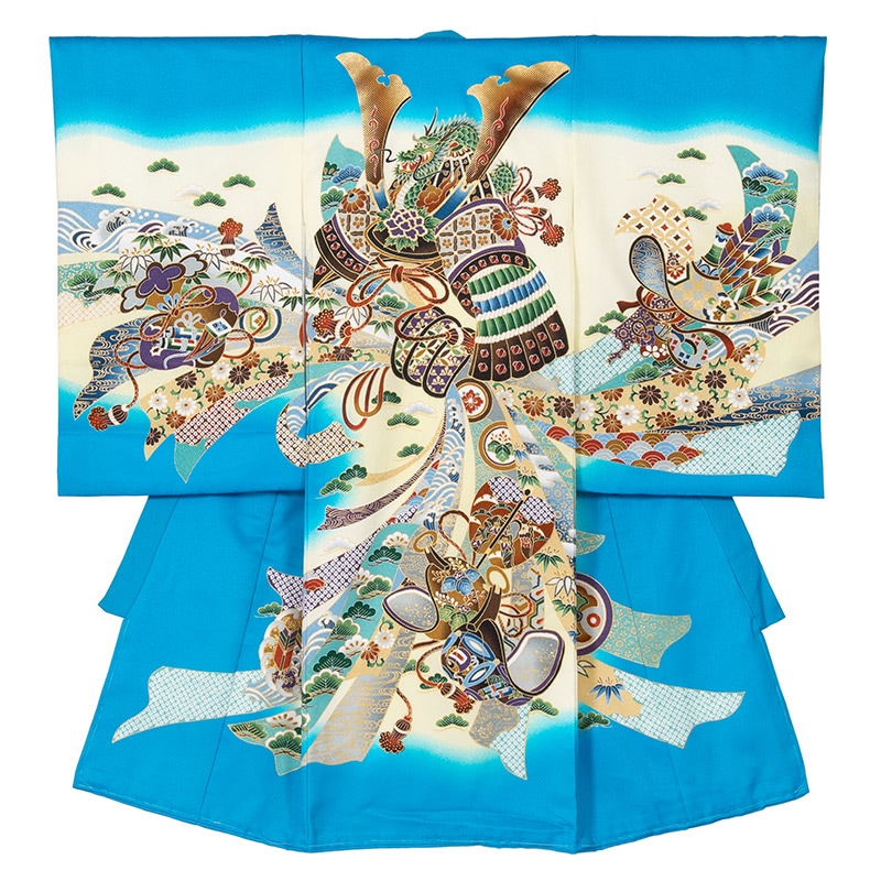 男の子初着 ポリ 青 兜に束のし