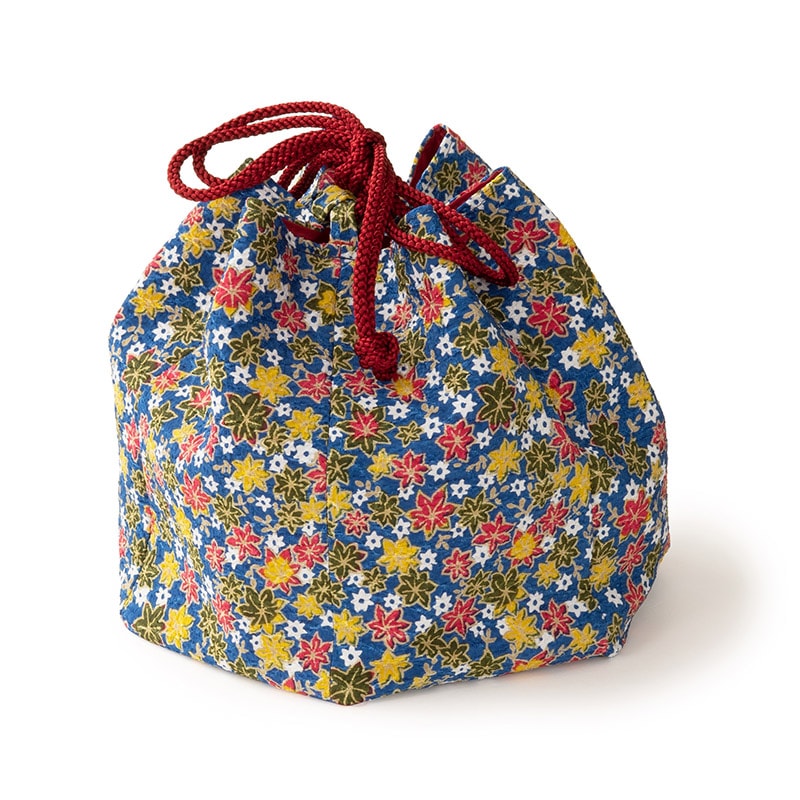 巾着 六角 青 紅葉づくし