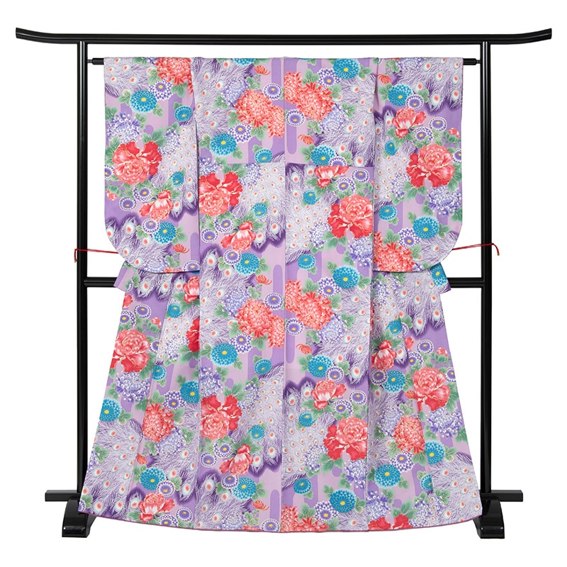 二尺袖着物 ポリ 小紋 紫 孔雀 裄180 中国製