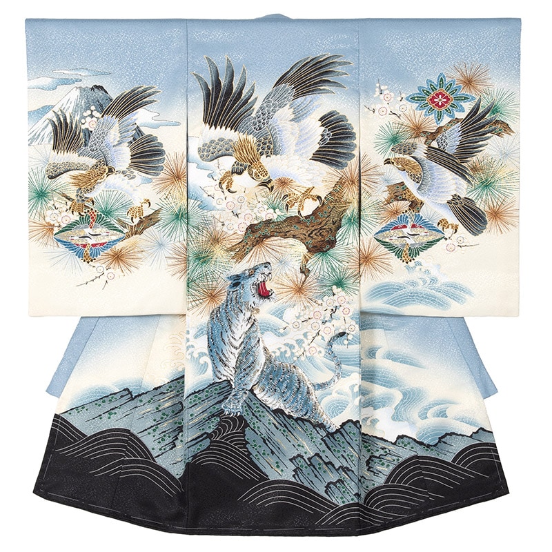 男の子初着 ポリ グレー 鷹と虎