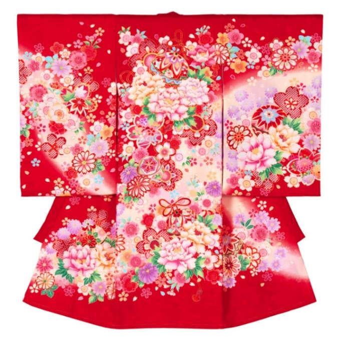 女の子初着 ポリ 赤 鈴に芍薬