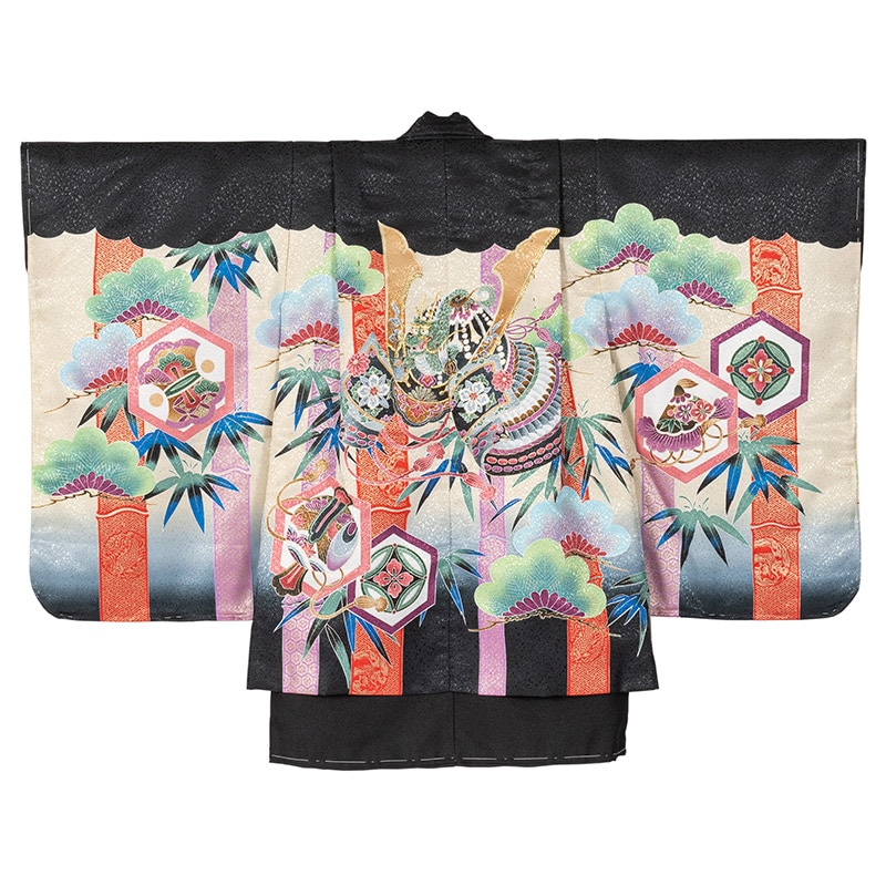 男の子着物羽織 黒 歌舞伎 肩上げ済 3-5才