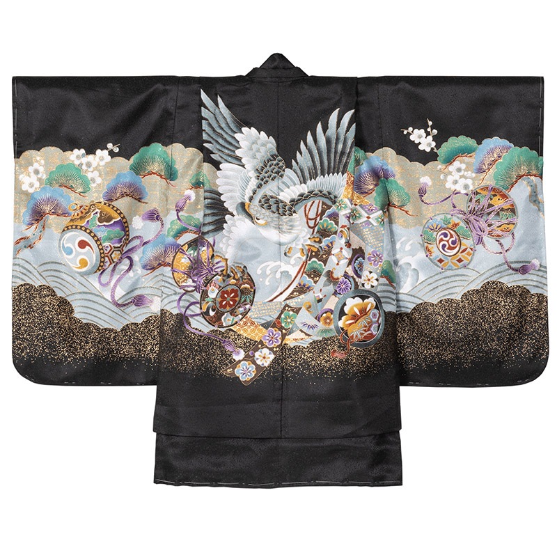 男の子着物羽織 黒 歌舞伎 肩上げ済 3-5才