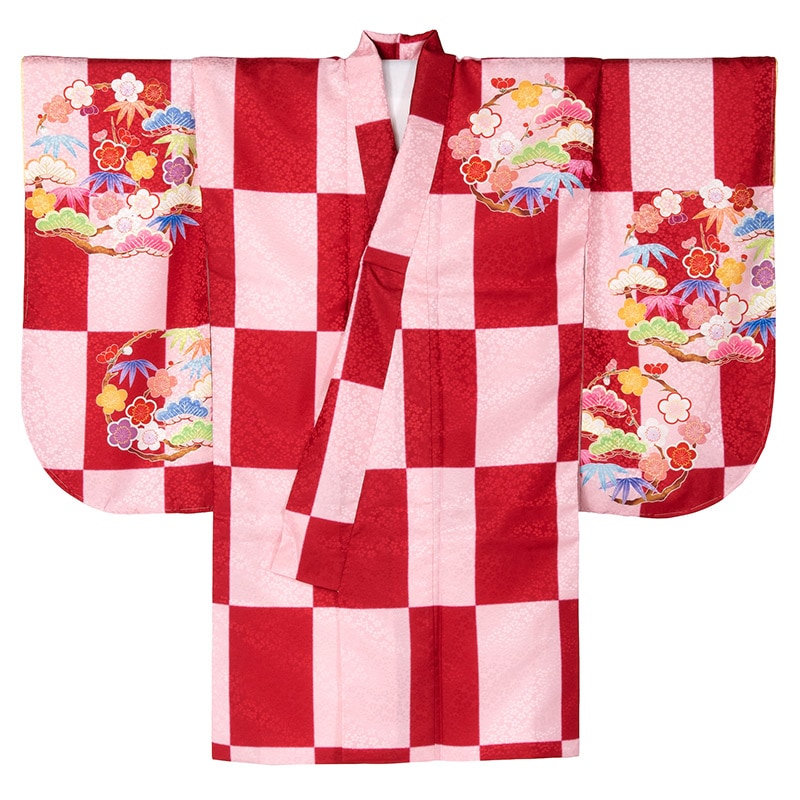 二尺袖着物 ポリ ショート丈 絵羽 赤・ピンク 松竹梅 裄180 難物 中国製