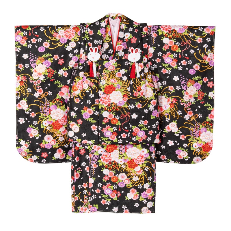 女の子 被布セット ポリ 黒 牡丹と乱菊 3才 少々難有 中国製