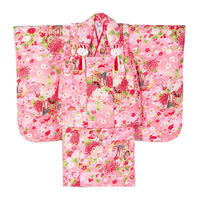 女の子 被布セット ポリ 黄/白 芍薬と菊 2才