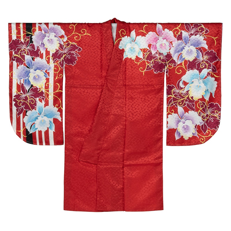 二尺袖着物 ポリ ショート丈 絵羽 赤 ストライプ/蘭 裄180 難物 中国製