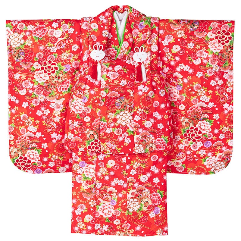 女の子 被布セット ポリ 赤 鼓と芍薬 3才 少々難有 中国製