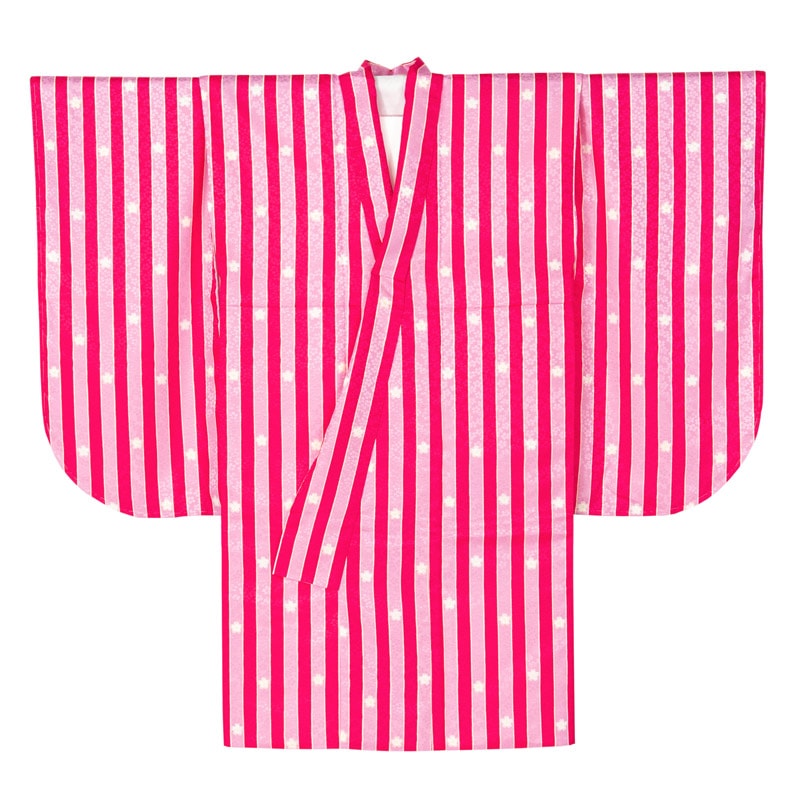 二尺袖着物 ポリ ショート丈 ピンク 梅にストライプ 裄180 中国製