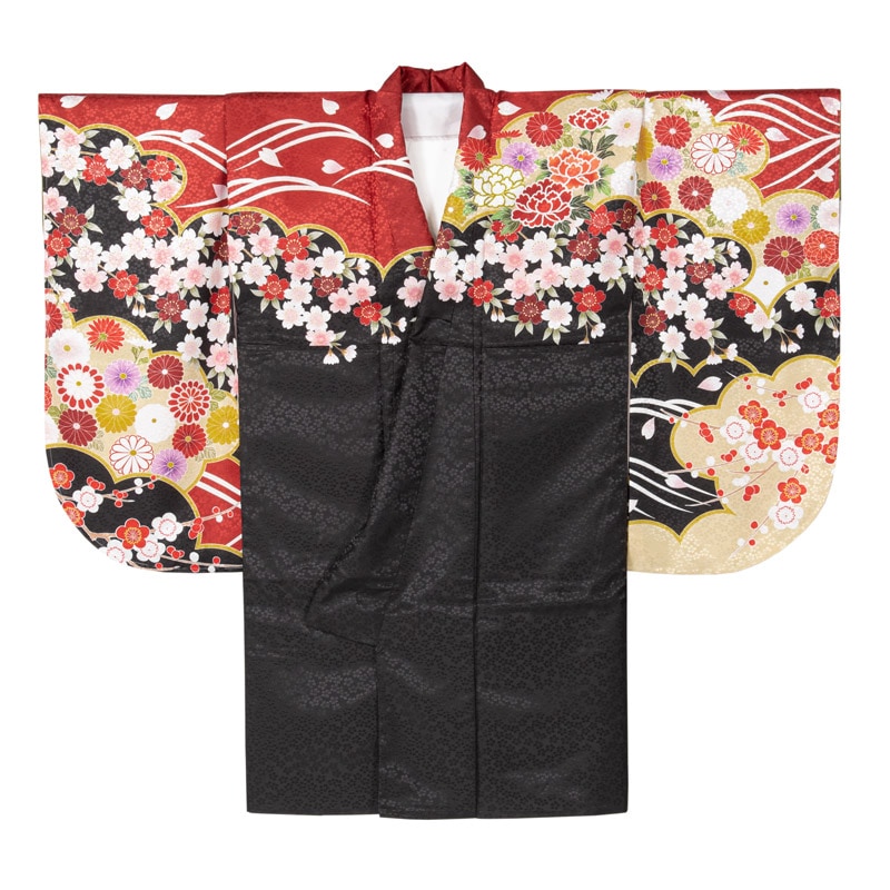 二尺袖着物 ポリ ショート丈 絵羽 赤・黒 花づくし 裄180 中国製