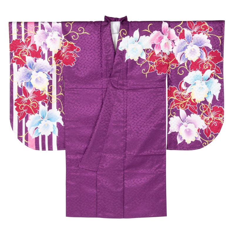 二尺袖着物 ポリ ショート丈 絵羽 紫 ストライプ/蘭 裄180 難物 中国製