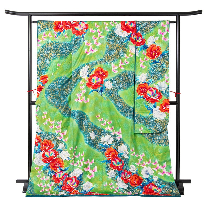 引き振袖 正絹 緑 中古品 少々難あり A65