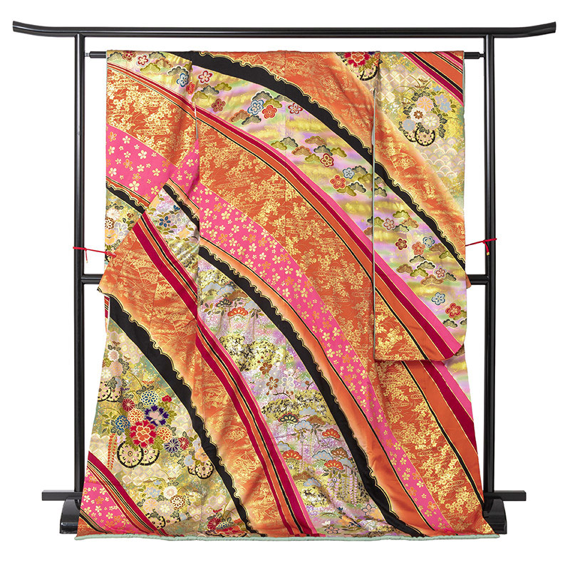 引き振袖 正絹 オレンジ 中古品 少々難あり B66