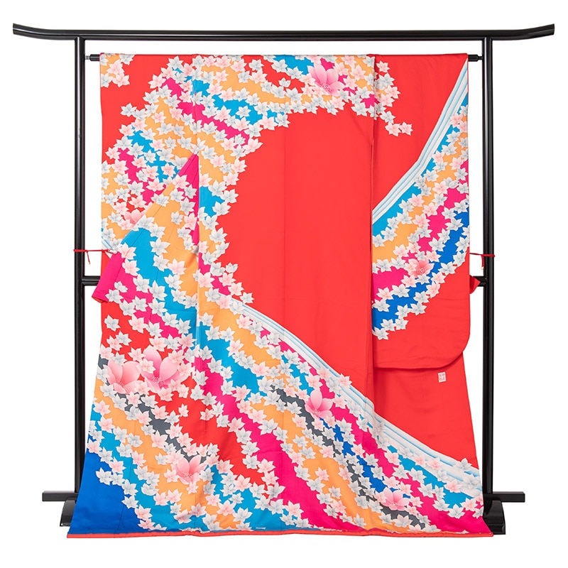 引き振袖 正絹 赤 中古品 少々難あり C65