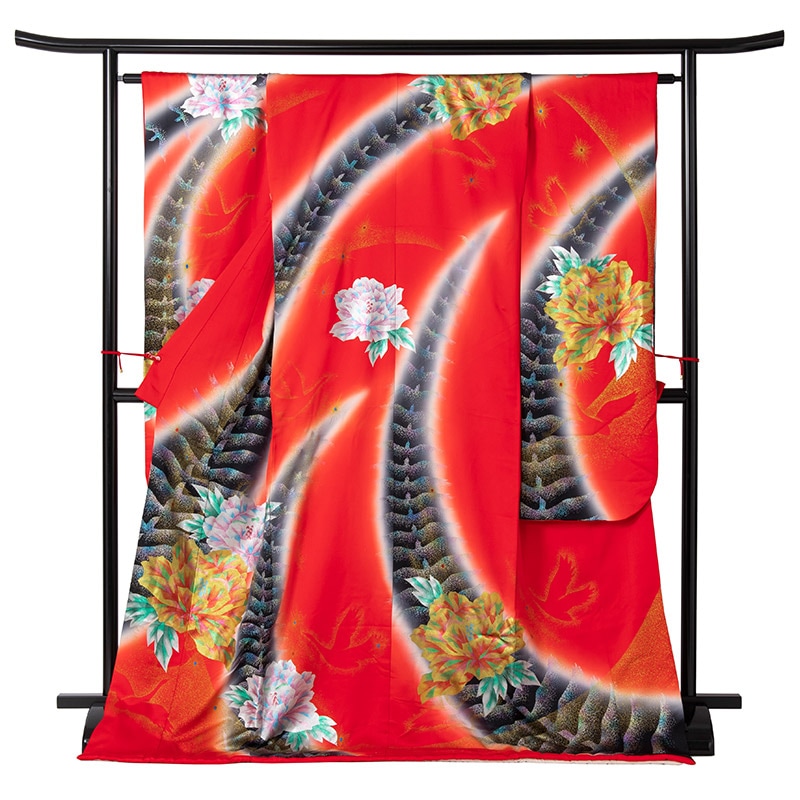 引き振袖 正絹 朱 中古品 少々難あり C68