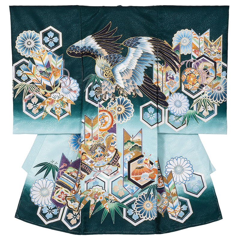 男の子初着 ポリ 緑 鷹に矢羽根と兜