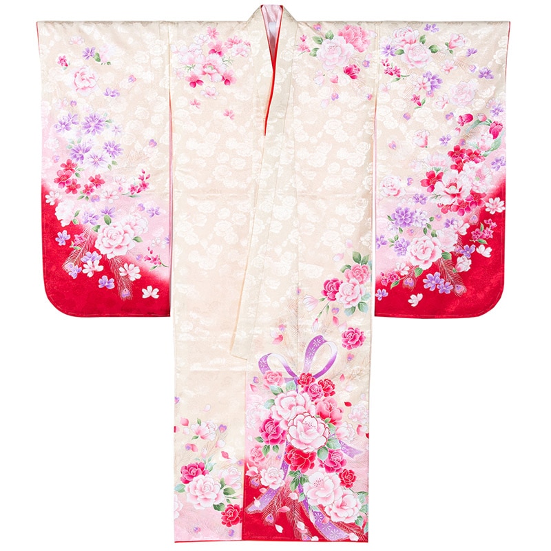 女の子七才着物 ポリ 絵羽 クリーム裾赤 バラレースリボン 中国製