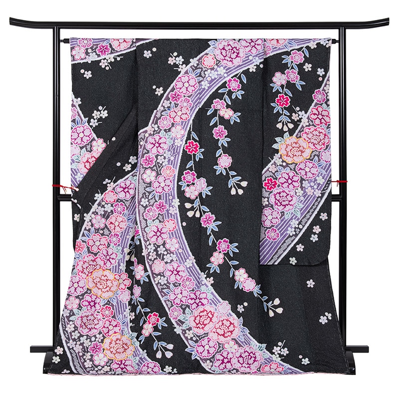 振袖 ポリ 黒色 華疋田/総絞り B 裄180 袖丈300 難物