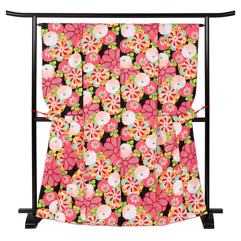 二尺袖着物 ポリ 小紋 黒 ねじり梅 裄180 中国製