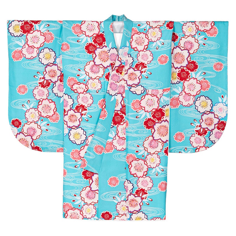 二尺袖着物 ポリ ショート丈 小紋 水色 大桜に流水 裄180 難物 中国製