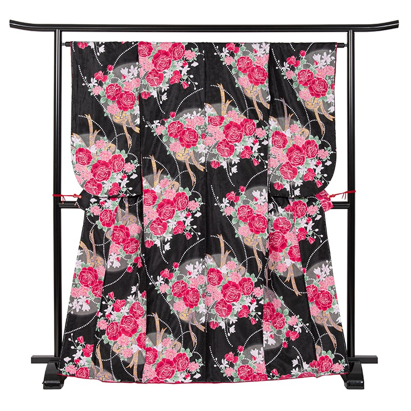 二尺袖着物 ポリ 小紋 黒 バラ 裄180 中国製