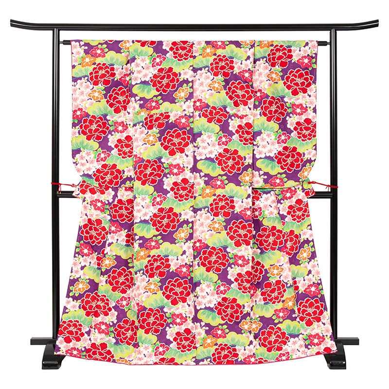 二尺袖着物 ポリ 小紋 紫 芍薬と桜 裄180 中国製