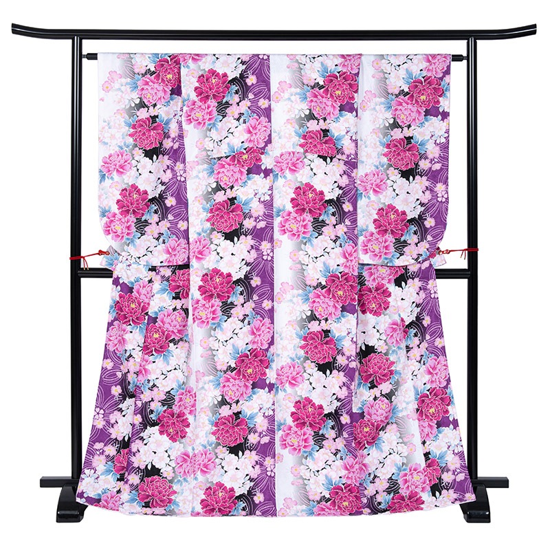 二尺袖着物 ポリ 小紋 白/紫 芍薬乱舞 裄180 中国製