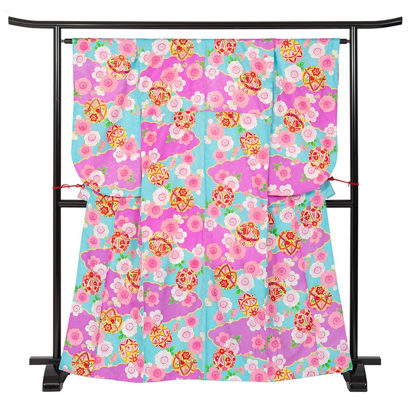 二尺袖着物 ポリ 小紋 水色 桜と鞠と雲 裄180 中国製