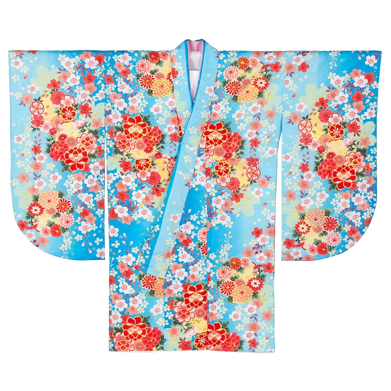 二尺袖着物 ポリ ショート丈 小紋 水色ぼかし 芍薬と桜 裄180 少々難有 中国製