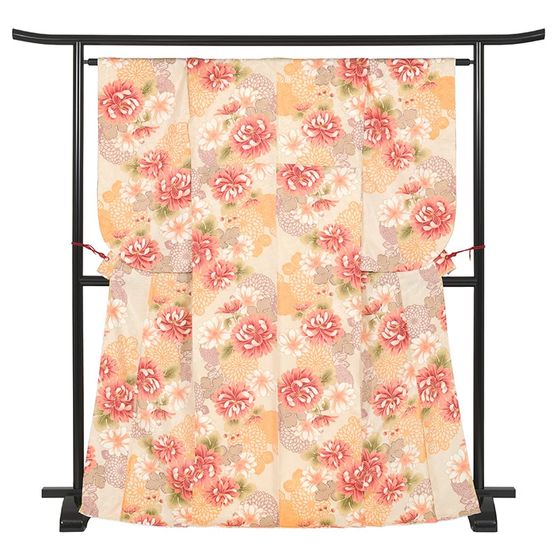 二尺袖着物 ポリ 小紋 クリーム 乱菊 裄180 中国製 NO.5