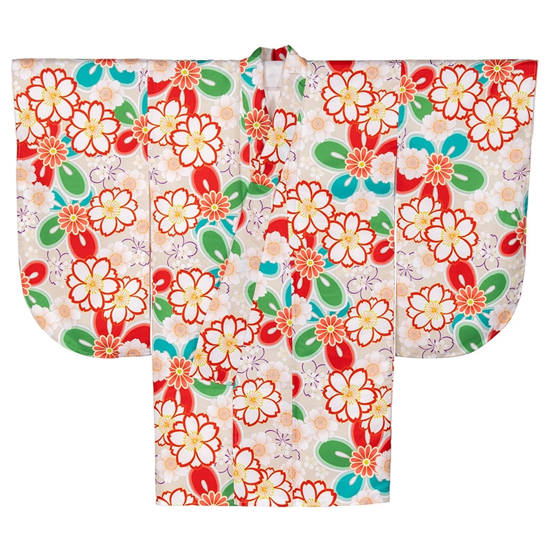 二尺袖着物 ポリ ショート丈 小紋 アイボリー 桜 裄180 HL