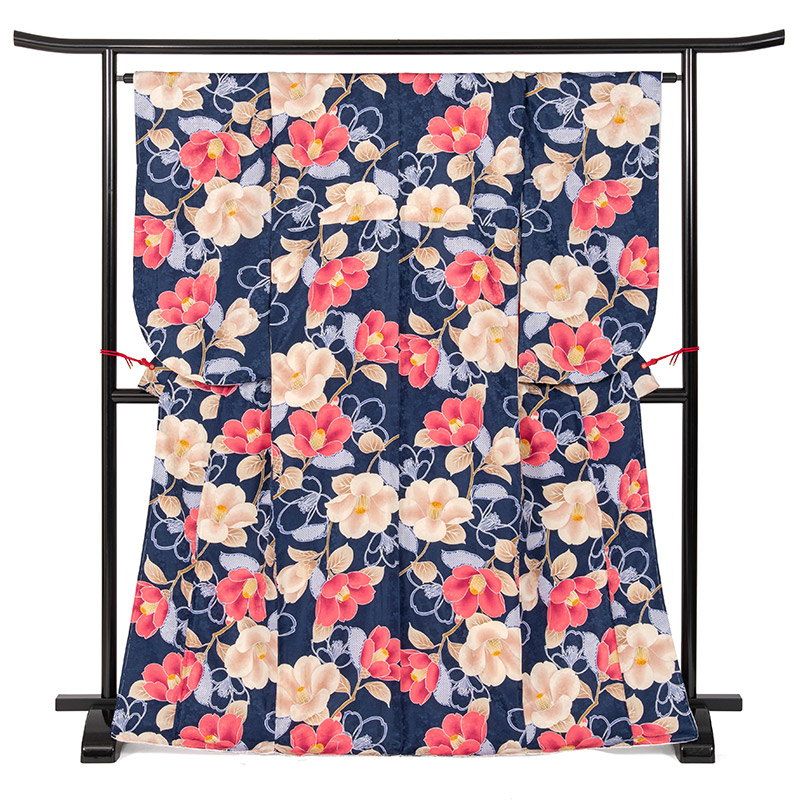 二尺袖着物 ポリ 小紋 紺 椿 裄180 NO.4