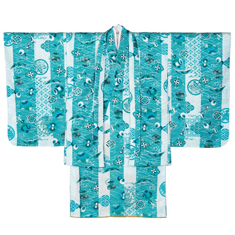 男の子着物羽織 青緑 波に七宝 市販5才 L寸