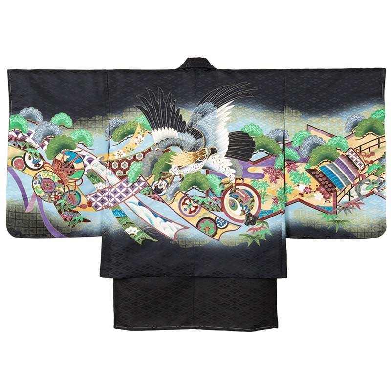 男の子着物羽織 黒 鷹に松のしめ 中国製