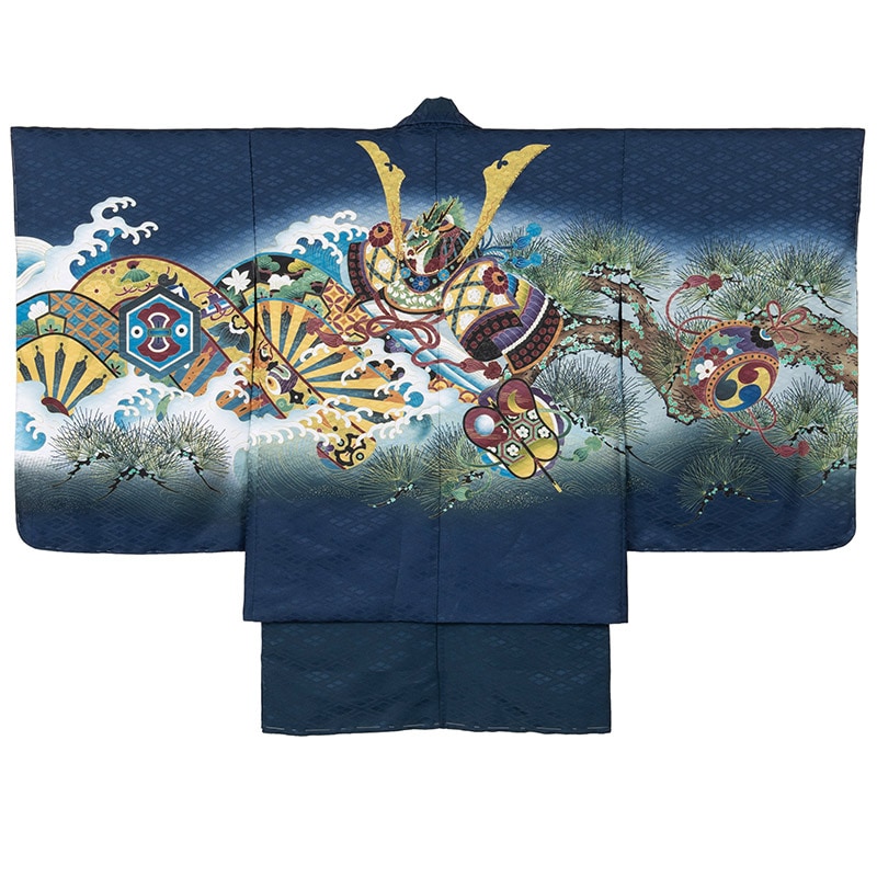 男の子着物羽織 紺 兜に松波 中国製