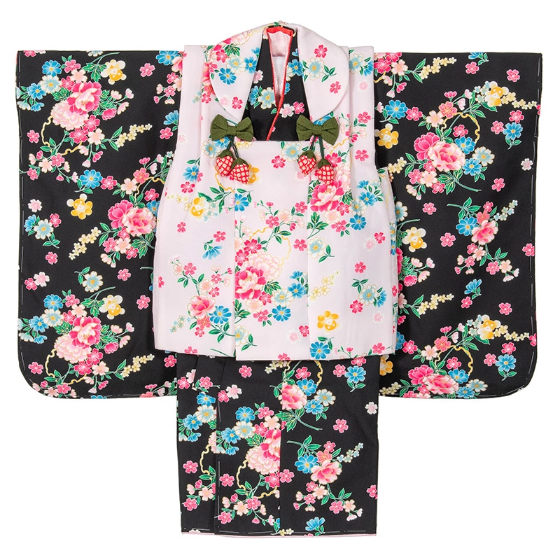 女の子 被布セット ポリ 黒・薄ピンク/いちご 3才