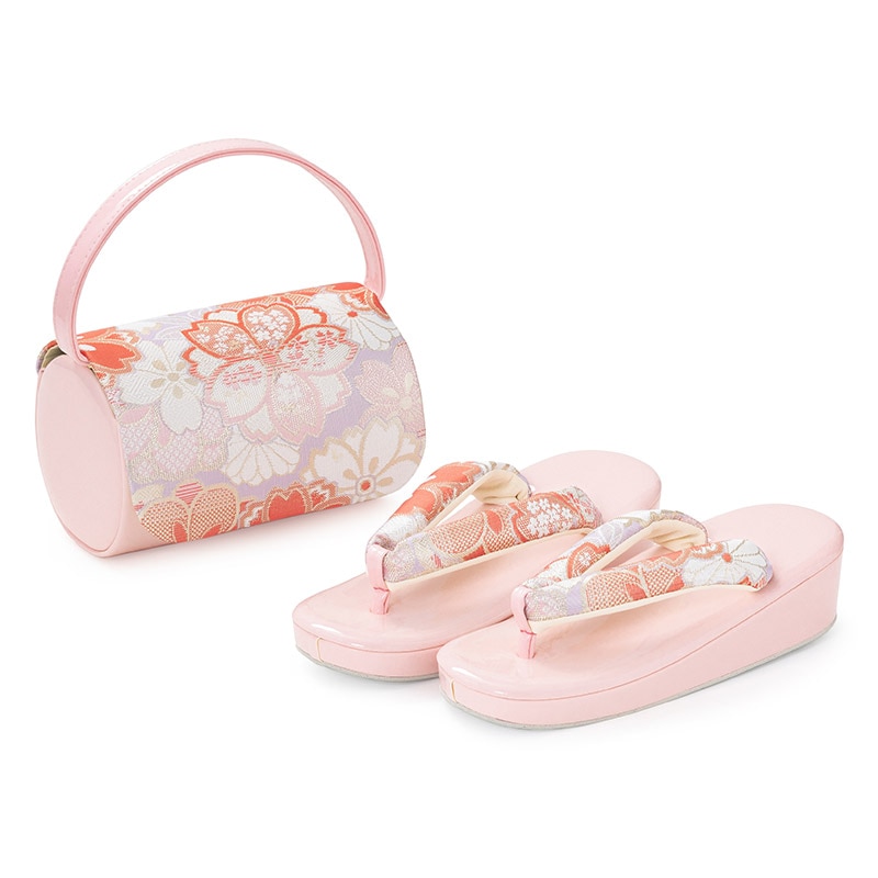 女の子草履バッグセット ピンク/薄紫 佐賀錦 21cm（7才向） 中国製 