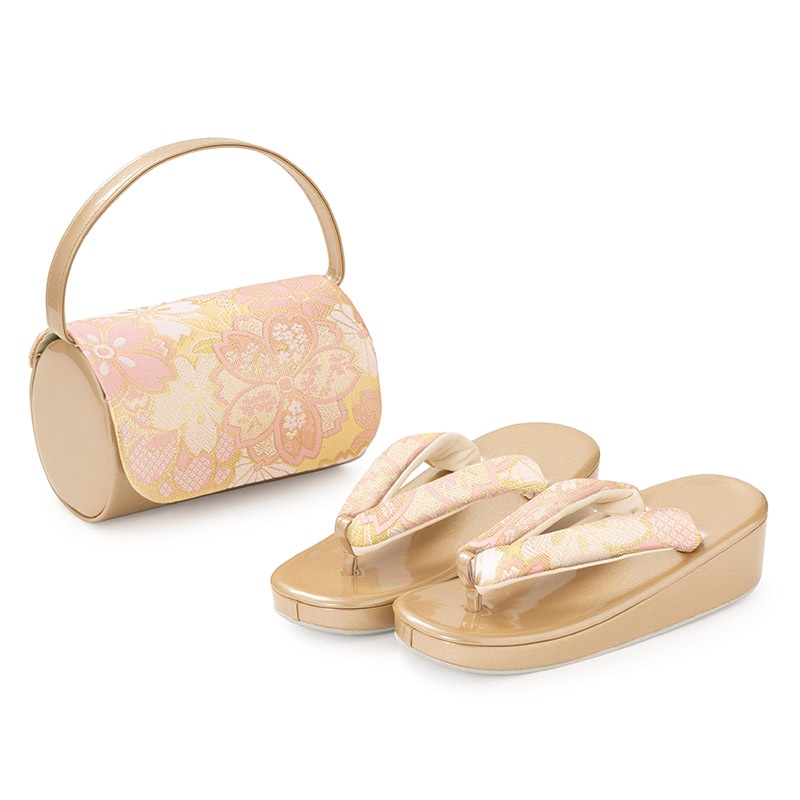 女の子草履バッグセット 金/ピンク 佐賀錦 A 21cm（7才向） 中国製