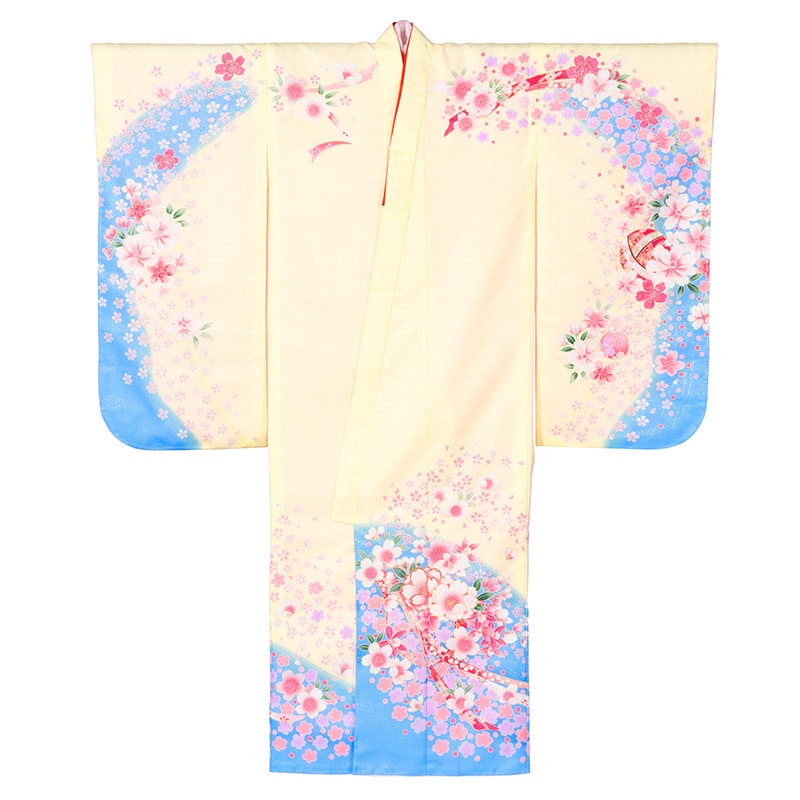女の子七才着物 ポリ 絵羽 クリーム/水色 桜とリボン 中国製