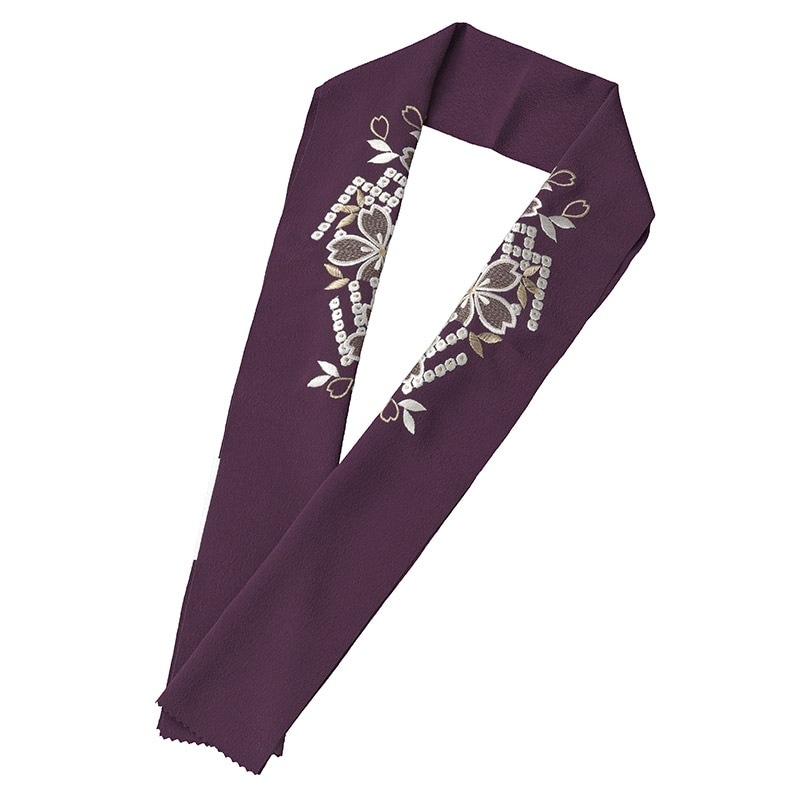 婦人刺繍半衿 ポリ チリーヌ 紫 金白刺繍